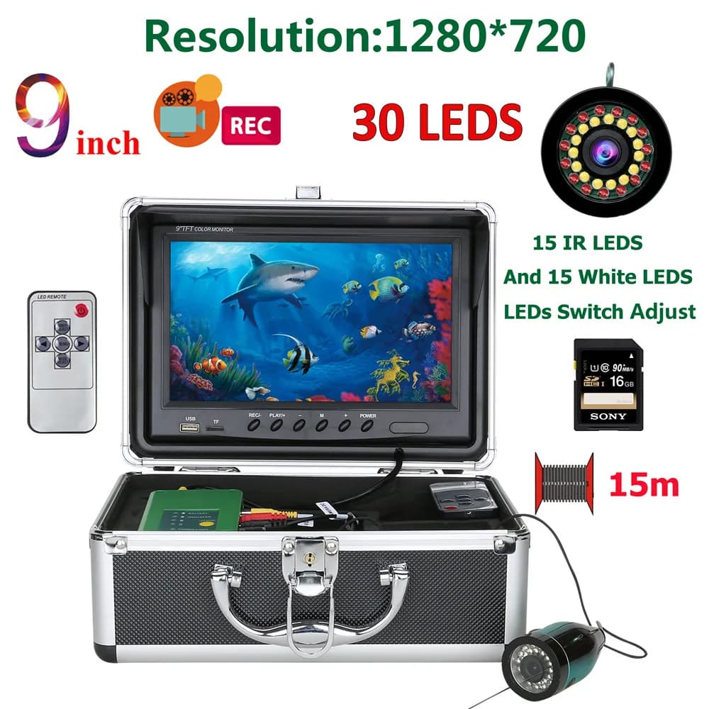 Caméra pêche sous-marine 9 pouces DVR 1080P double LED 15m/30m pour glace mer enregistrement HD