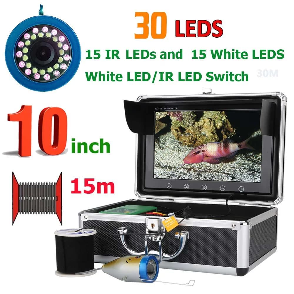 Détecteur poissons sous-marin 10 pouces 30 LEDs (15 blanches + 15 IR) pour pêche mer rivière glace 1000TVL