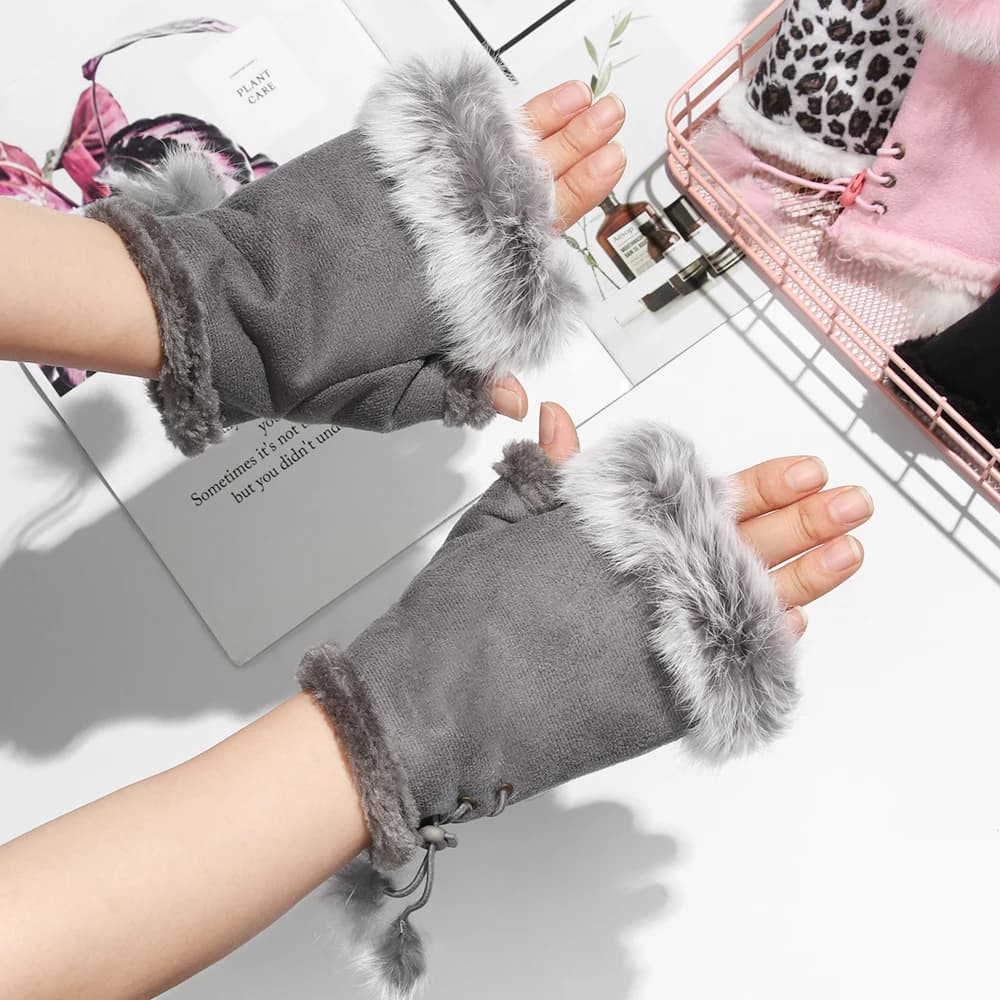 Gants hiver chauds sans doigts fausse fourrure lapin doux cuir souple stretch femmes filles