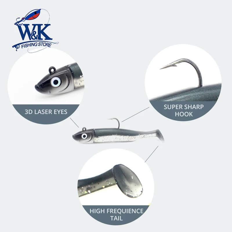 Kit leurres souples paddle tail pour pêche du bar - 5 tailles de 6cm à 14.5cm avec têtes plombées assorties