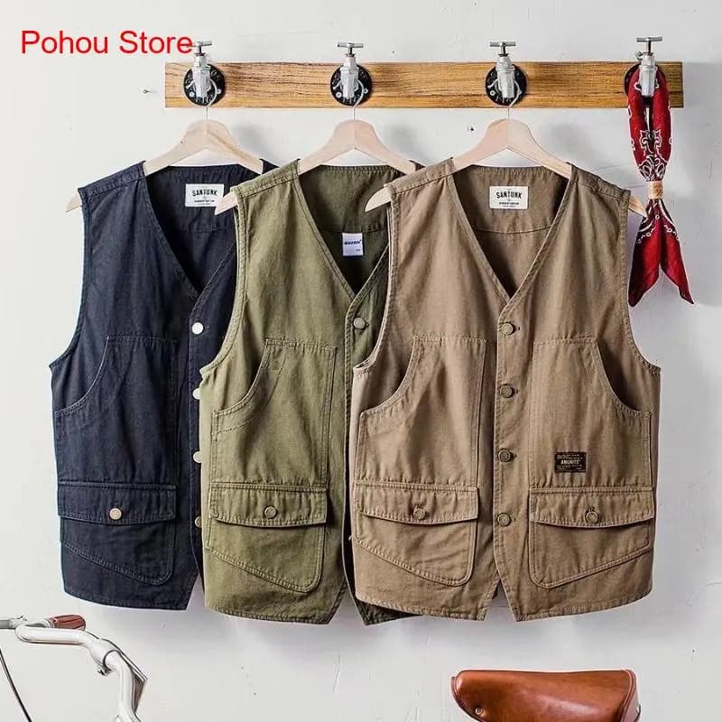 Veste sans manches japonaise été poches multiples homme - Workwear rétro léger et aéré