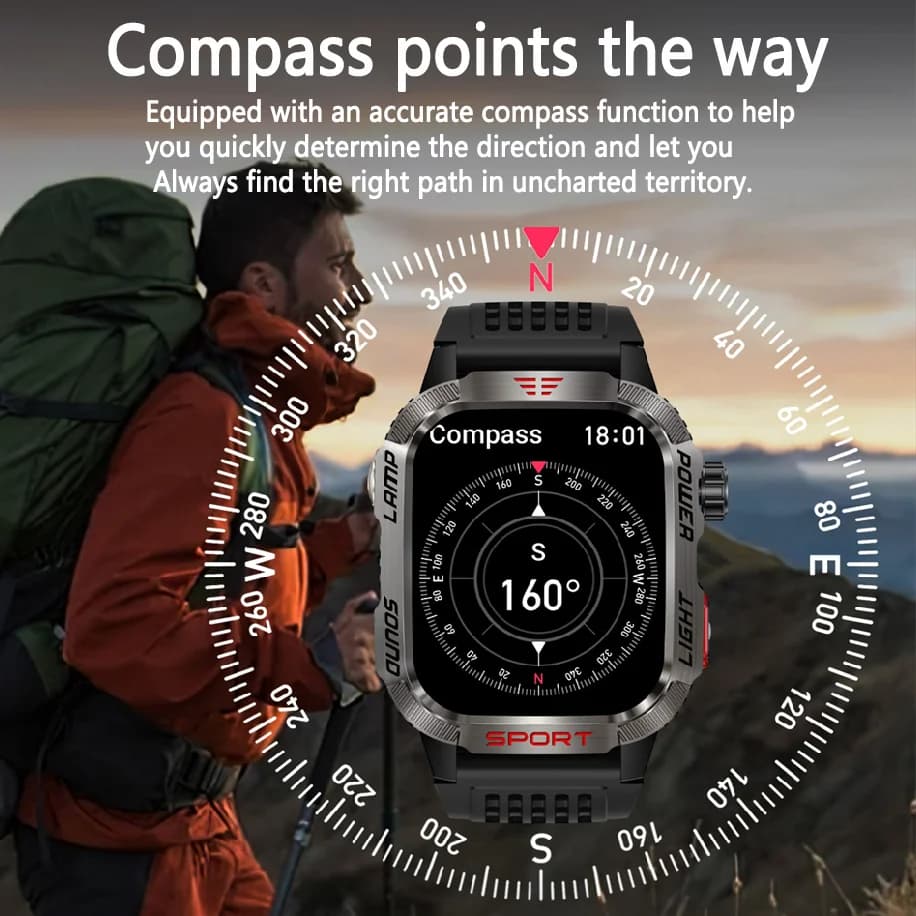 Smartwatch militaire GPS avec lampe torche et boussole - Montre outdoor étanche 600mAh