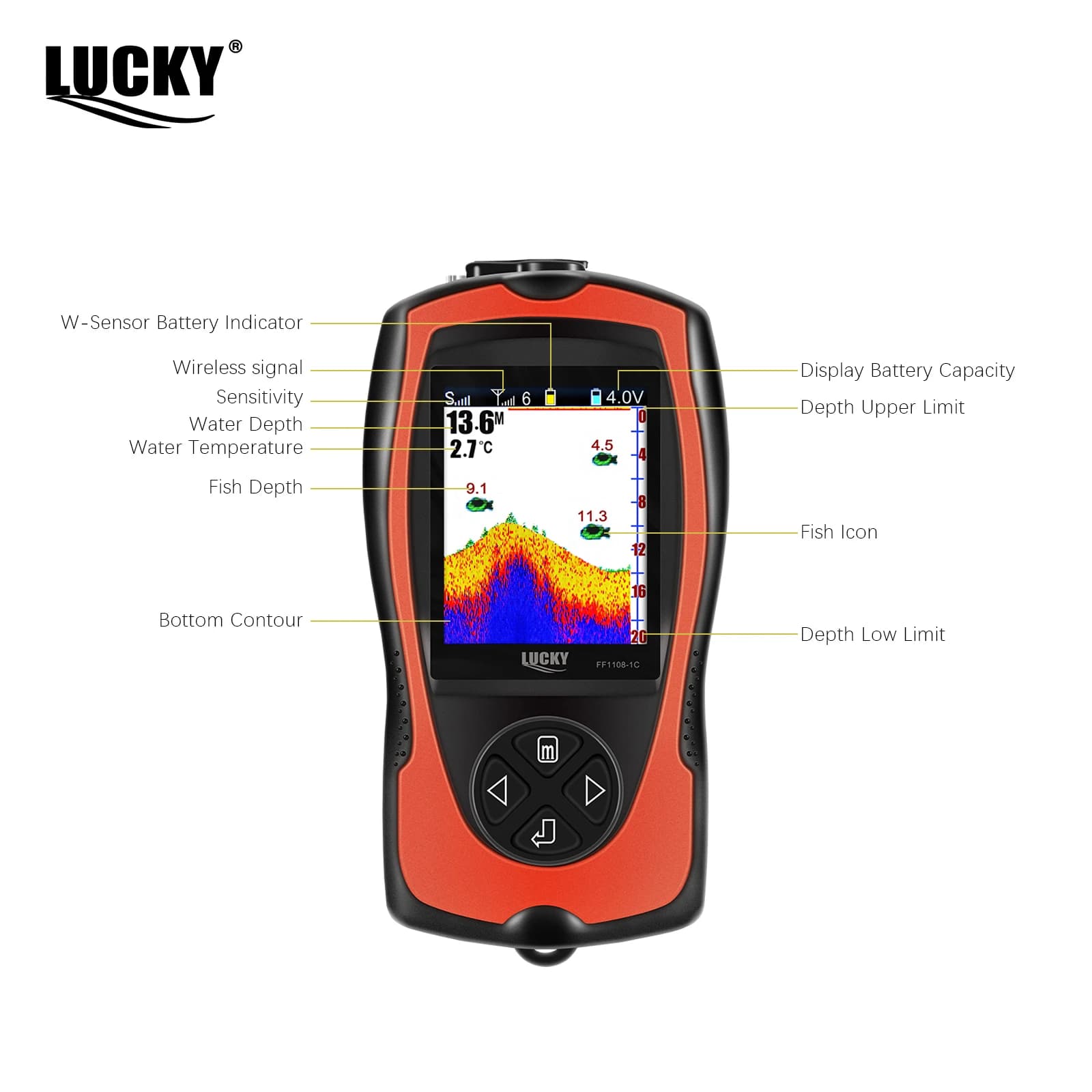 LUCKY FF1108-1CWLA Sonar Sans Fil Rechargeable Pêche 45M Profondeur Eau Échosondeur Détecteur Portable Poissons