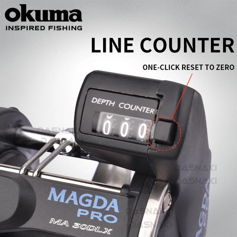Moulinet mer Okuma Magda Linecounter MA-15DT-T avec compteur de ligne pour la pêche à la traîne et au vif