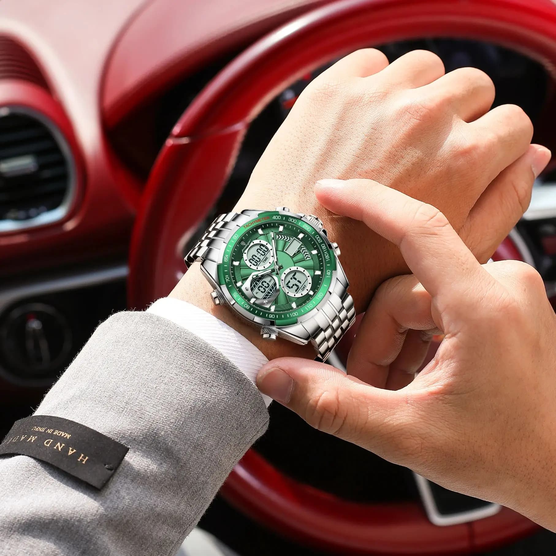 Montre homme POEDAGAR luxe étanche électronique LED - Affichage double fuseau - Bracelet acier inoxydable