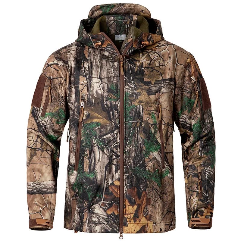 Veste de pêche camouflage silencieuse imperméable - Softshell polaire pour pêche discrète