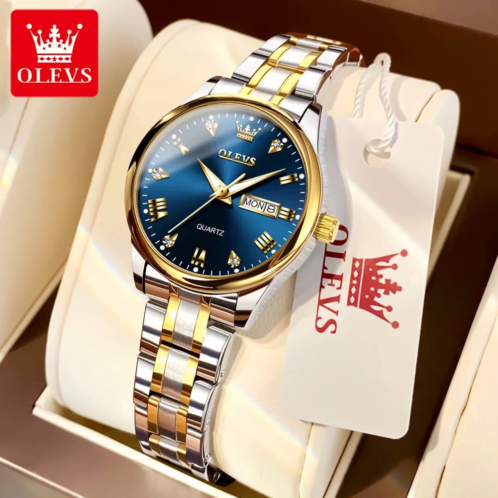 Montre femme OLEVS luxe diamants dorée étanche acier inoxydable calendrier lumineuse cadeau