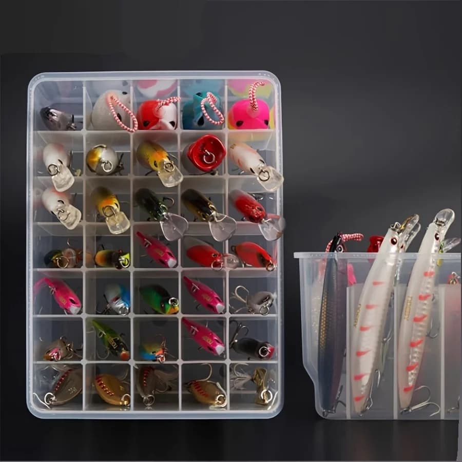 Boîte de rangement pour appâts de pêche transparente à compartiments multifonction