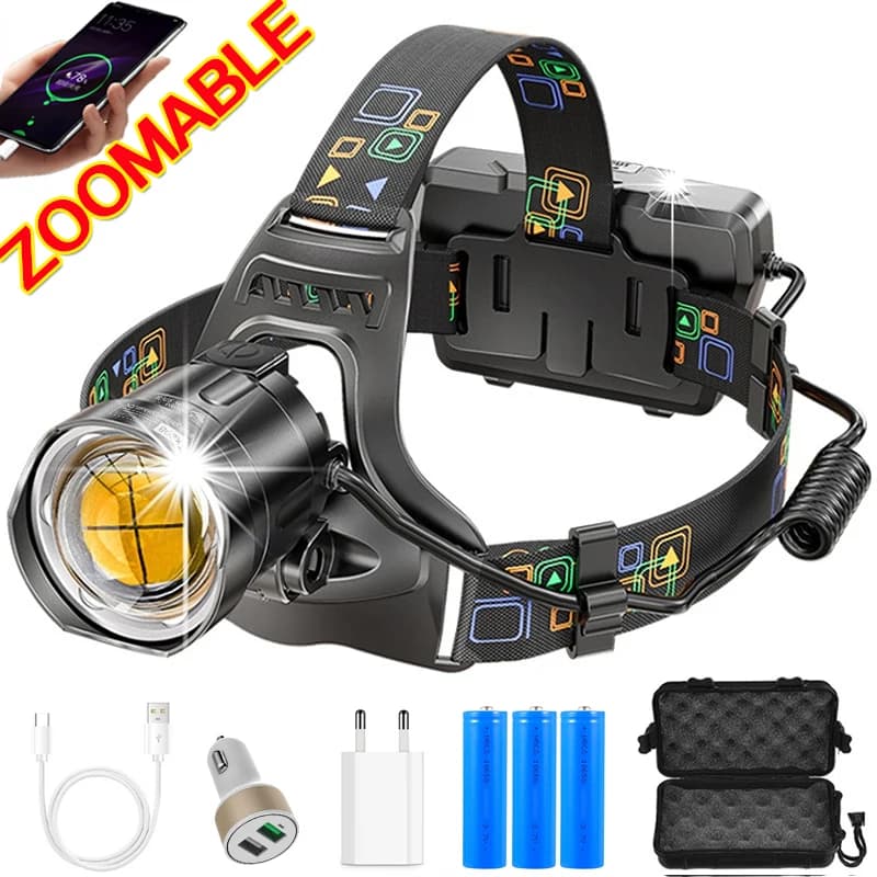 Lampe frontale puissante XHP100 zoomable USB rechargeable étanche pour pêche et camping