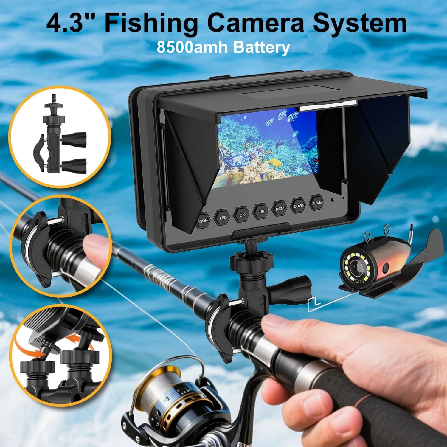 Caméra de pêche sous-marine 1080P HD avec écran LCD 4.3 pouces et batterie 8500mAh pour bateau