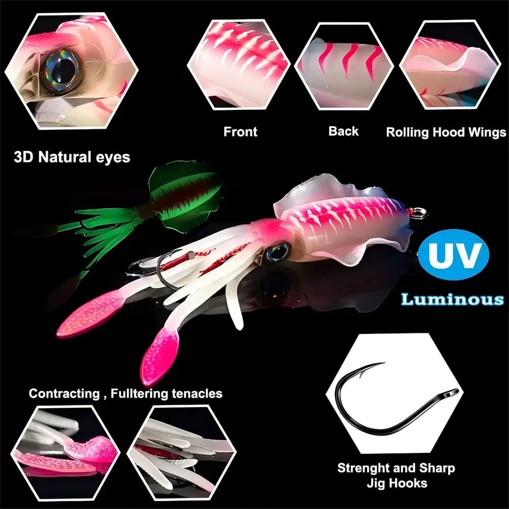 Leurre souple calmar lumineux UV 60g ZUKIBO pour pêche en mer profonde et trolling bateau