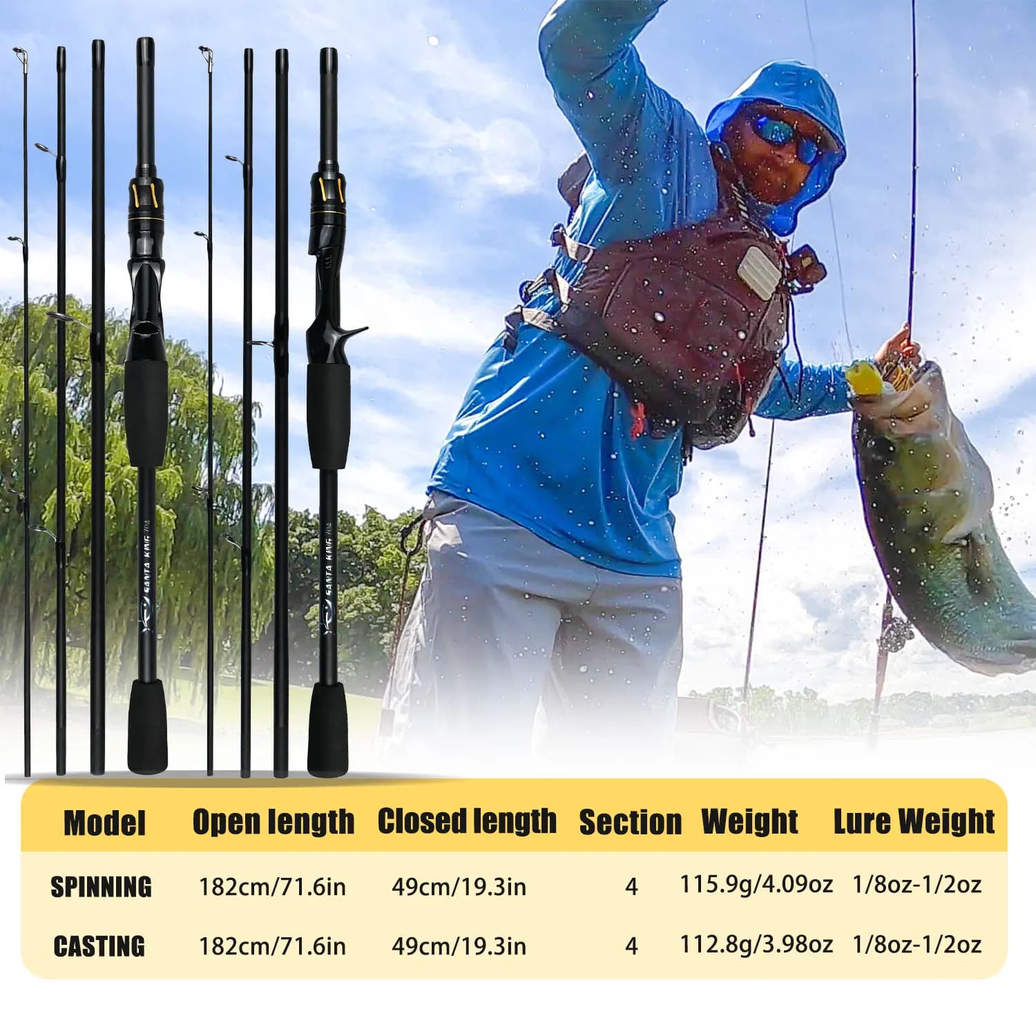 Canne pêche carbone Santa King 4 sections portable - Manche EVA pour voyage pêche basse eau douce