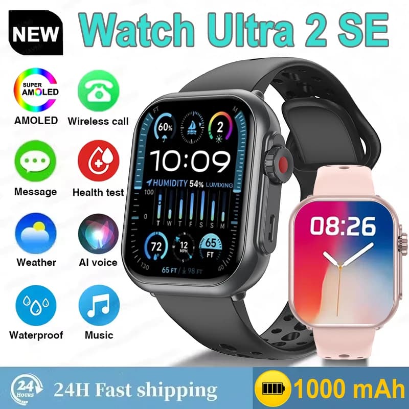 Watch Ultra 2 SE smartwatch AMOLED 1000mAh batterie 100+ sports appels Bluetooth GPS tracking étanche iOS Android