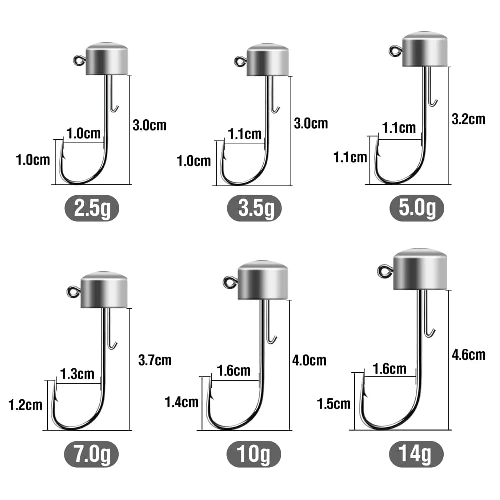 Hameçons Mushroom Head 20 pièces pour leurres souples Ned Rig 2.5g à 14g en acier haute teneur carbone