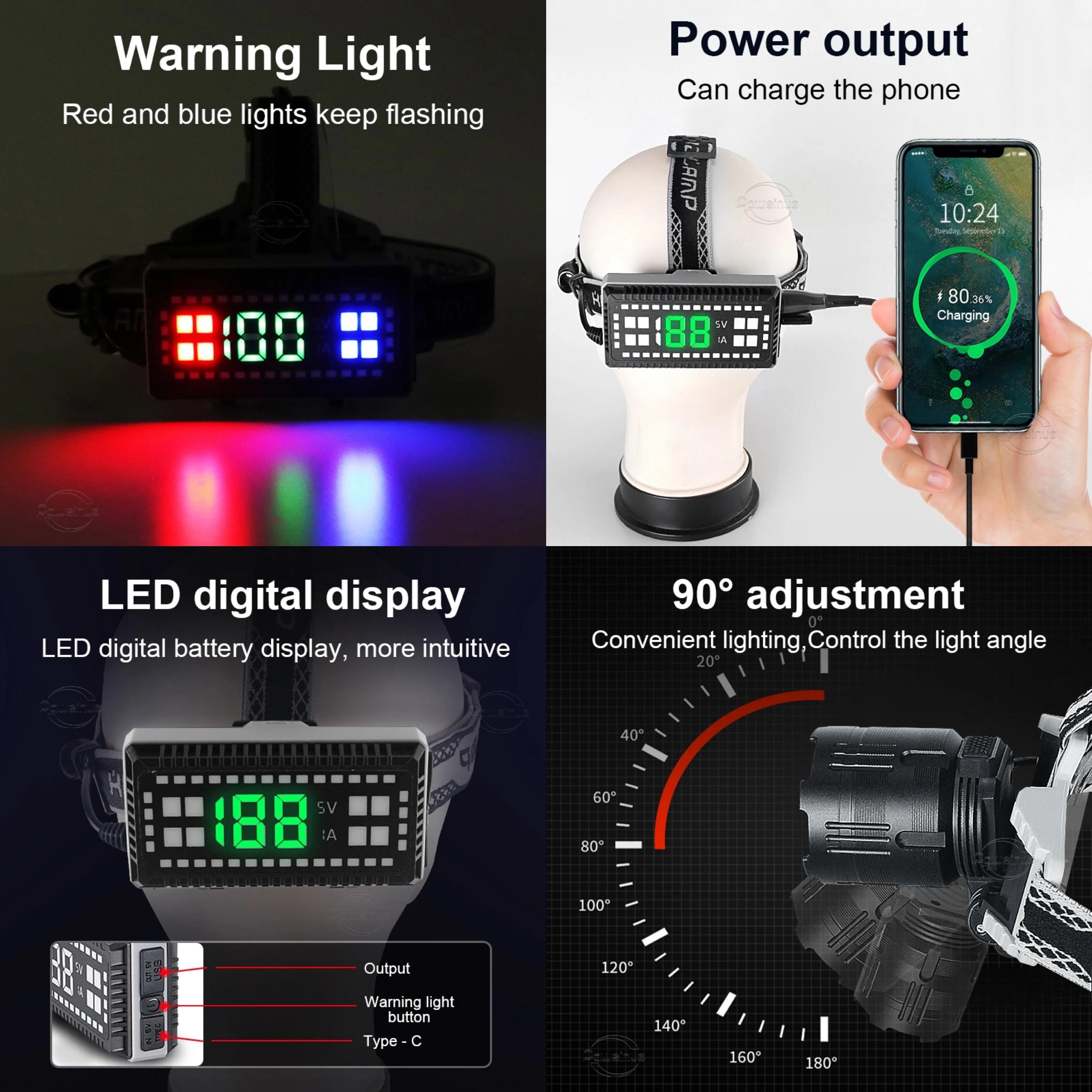 Projecteur frontal LED 1000000LM longue portée 800W rechargeable USB pour pêche professionnelle nocturne