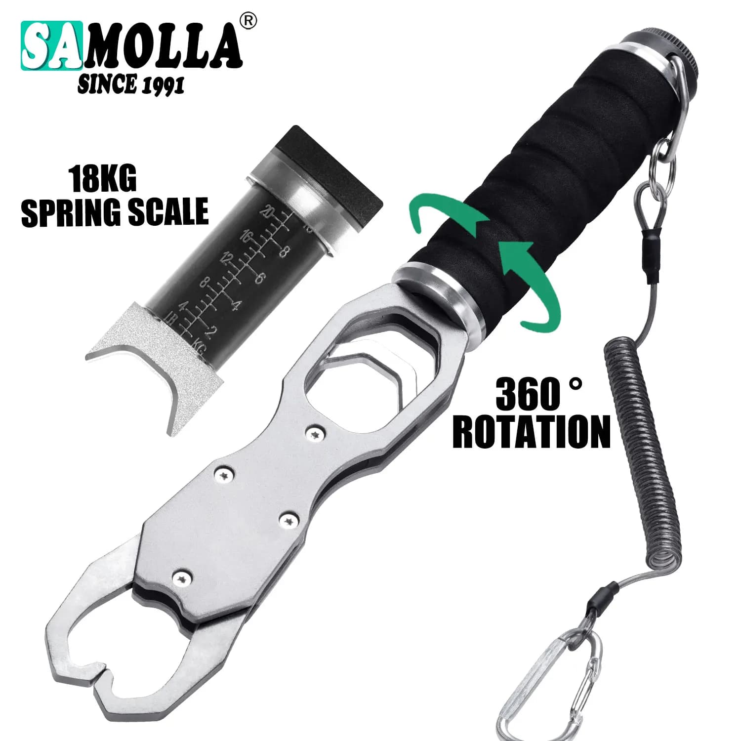 Pince à poisson SAMOLLA en alliage d'aluminium avec pèse-poisson 18kg rotation 360° pour pêche mer