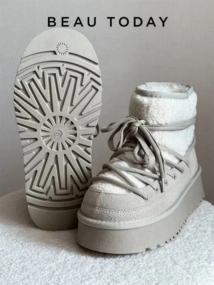 Snow Boots BEAUTODAY cuir vache - Semelle épaisse fourrure chaud pêche hiver