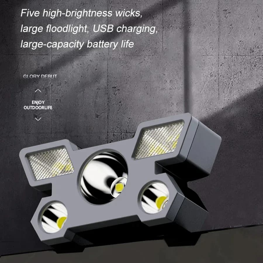 Lampe frontale pêche rechargeable 5 LED - Batterie intégrée lumière forte pour pêche nocturne camping