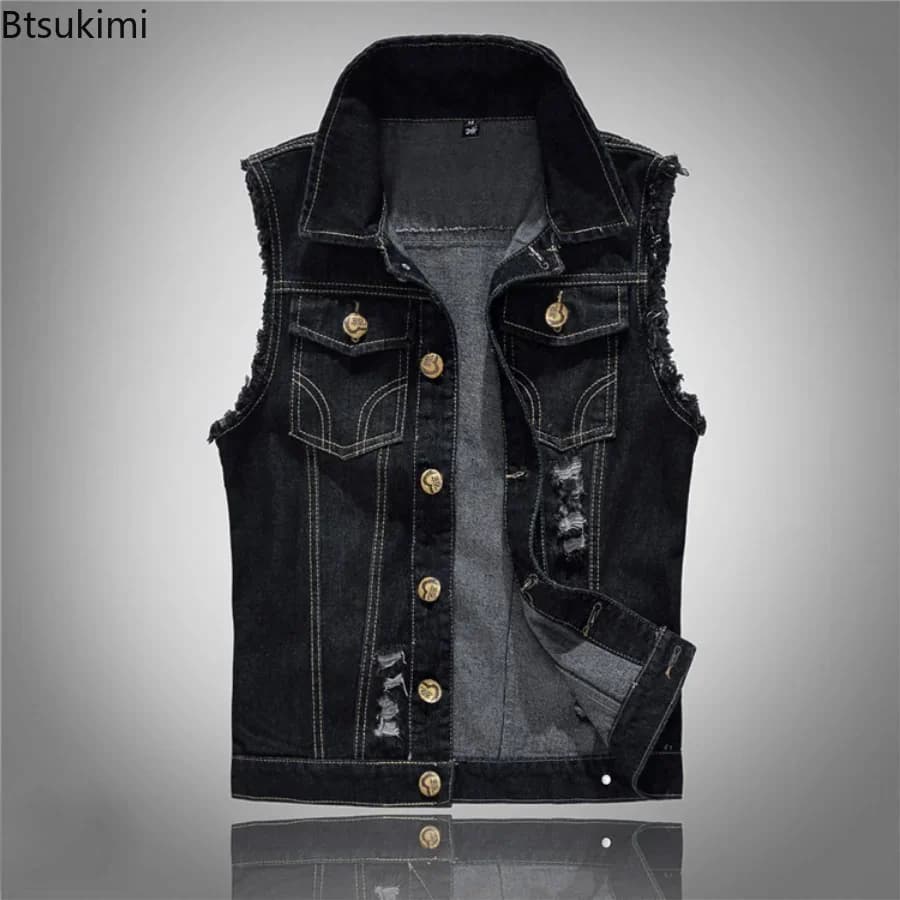 Veste sans manches denim jean homme 2025 mode cowboy extérieur gilet noir bleu veston