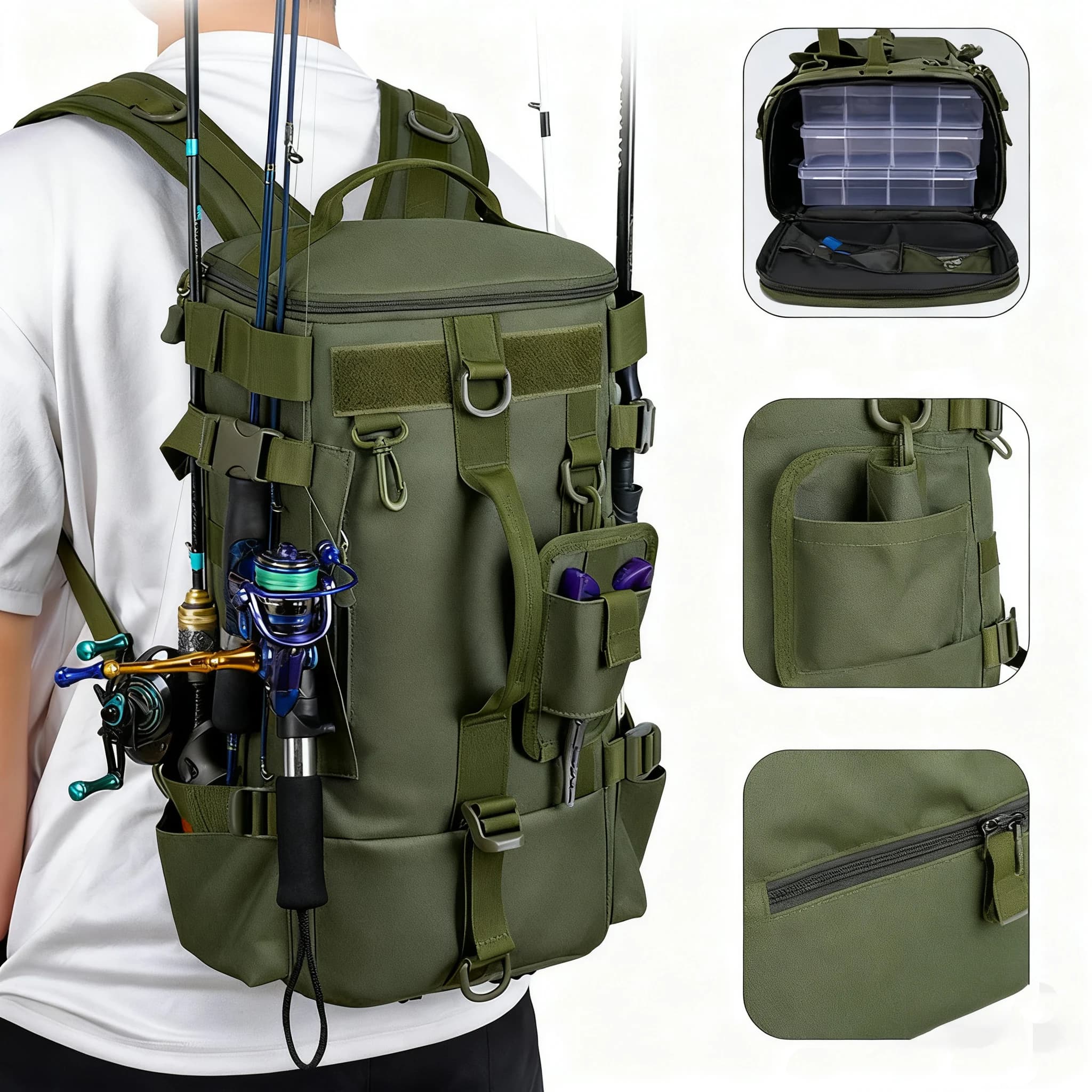 Sac à dos pêche multifonction avec porte-cannes étanche et résistant pour équipement de pêche sportive