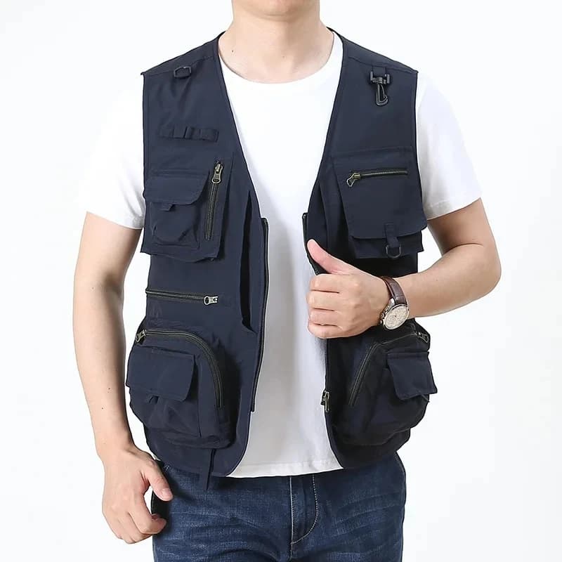 Veste de pêche cargo 2025 rouge multi-poches nylon pour journaliste photo et camping