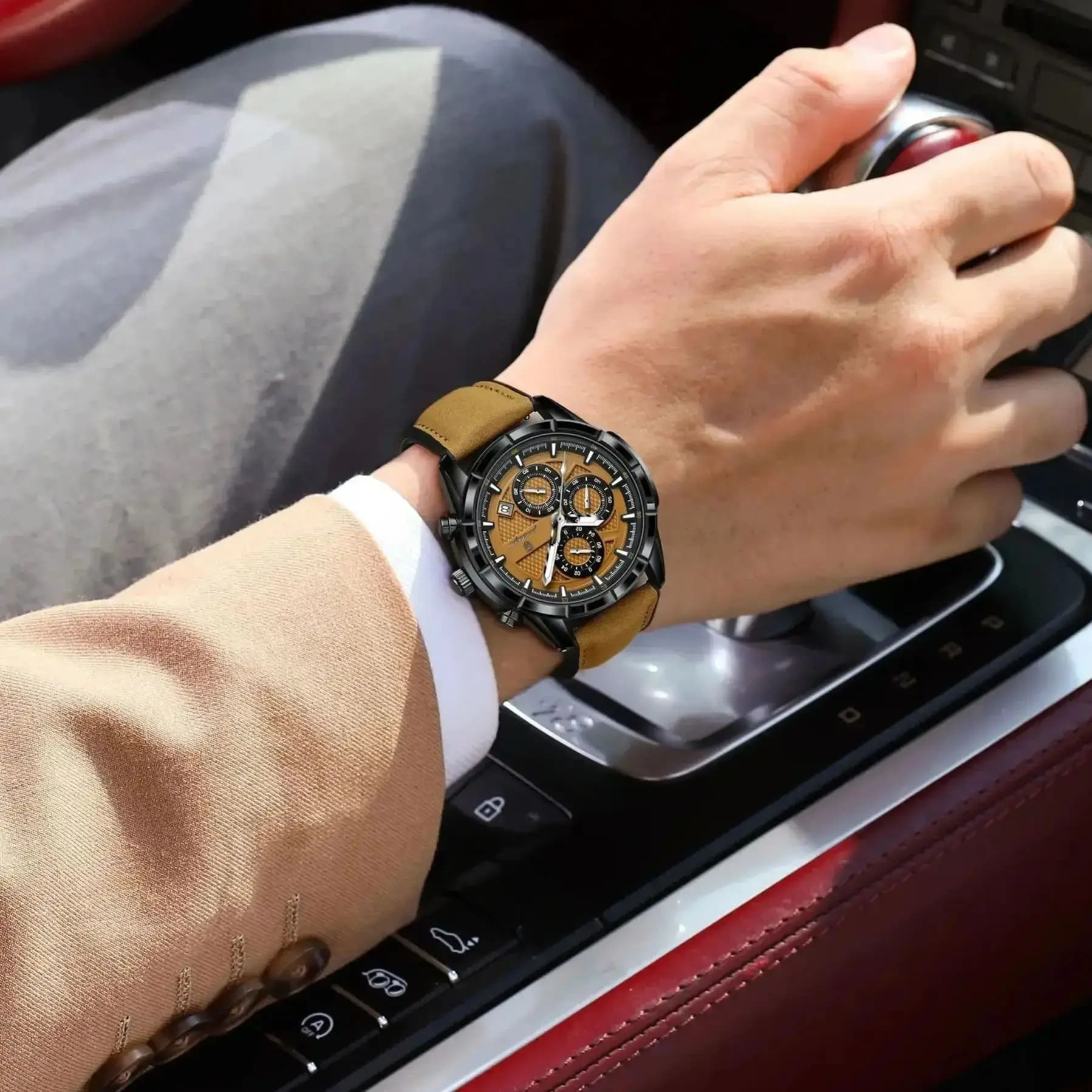 Montre homme luxe POEDAGAR - Cuir véritable chronographe - Étanche et lumineuse - Idéale pêche