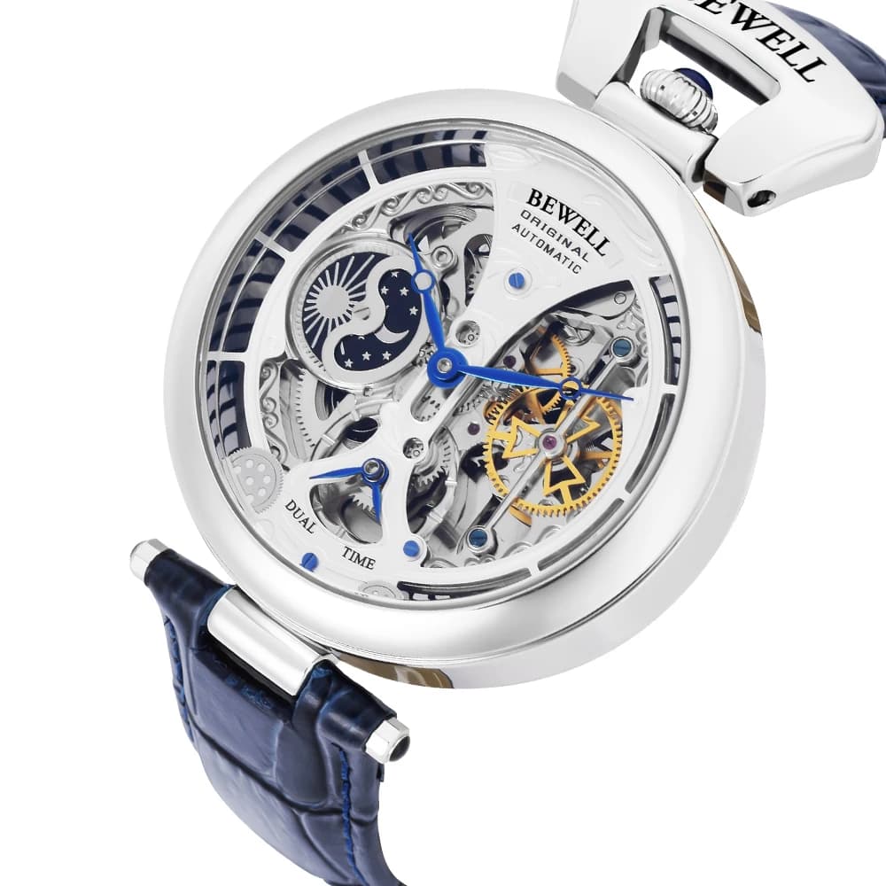 Montre automatique mécanique étanche luxe boîtier acier bracelet cuir véritable fond transparent