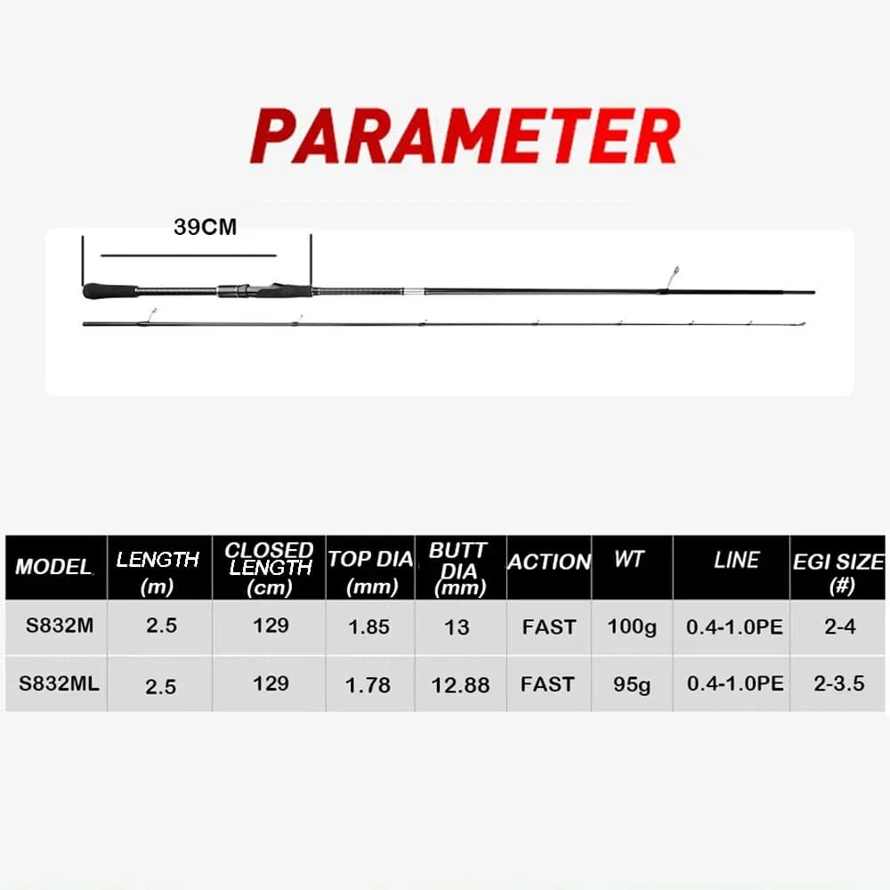 Canne à calmar Egi rod spinning 40T Carbon 95g - Action M/ML pour leurres PE 0.4-1.0 taille #2-4 pêche nocturne