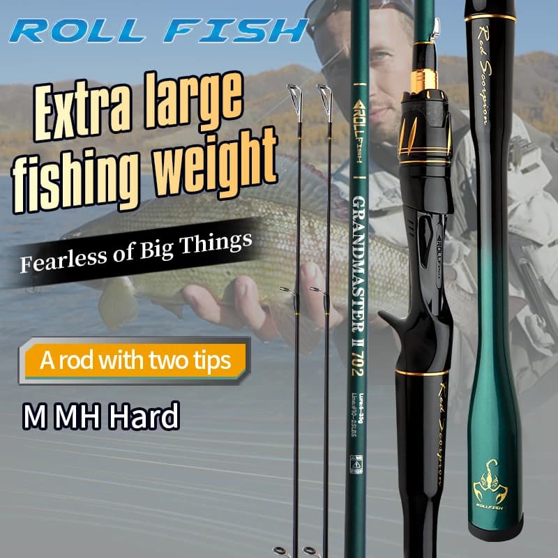 Canne leurre 2 pointes ROLLFISH carbone spinning/casting 1.8-2.7m eau douce salée bar black bass