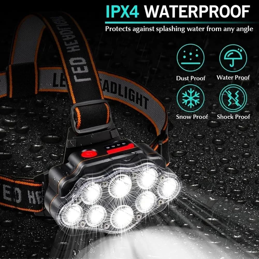 Lampe frontale pêche rechargeable USB haute luminosité 8 LED 4 modes IPX4 étanche pour activités extérieures