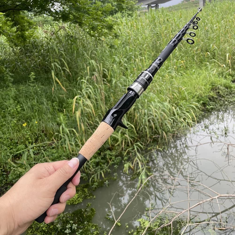Canne télescopique pêche leurres carbone 1.5m à 2.4m casting 8-25g manche bois pour pêche en déplacement