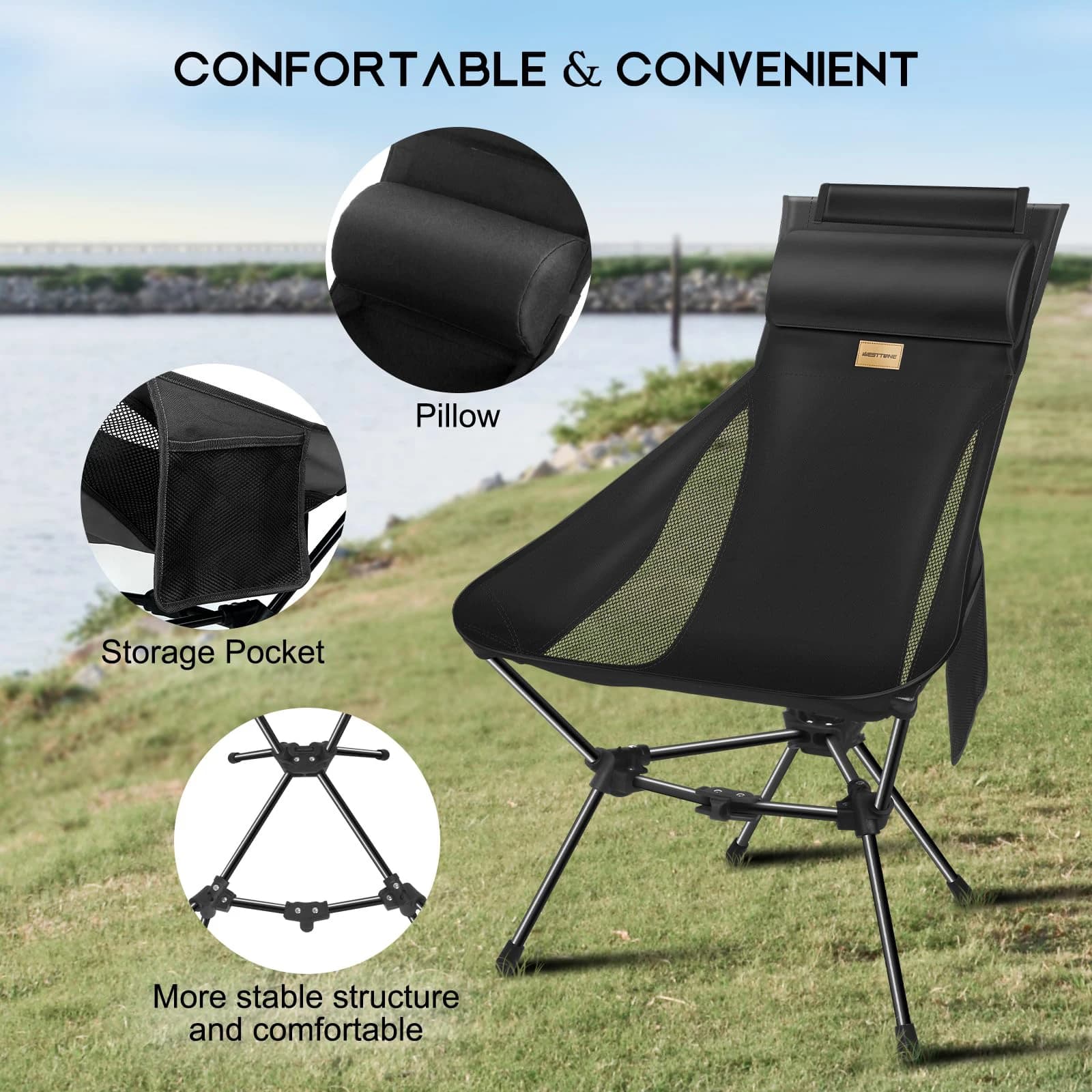 Chaise lune camping pliante WESTTUNE avec appui-tête pour pêche relaxante - Ultralégère
