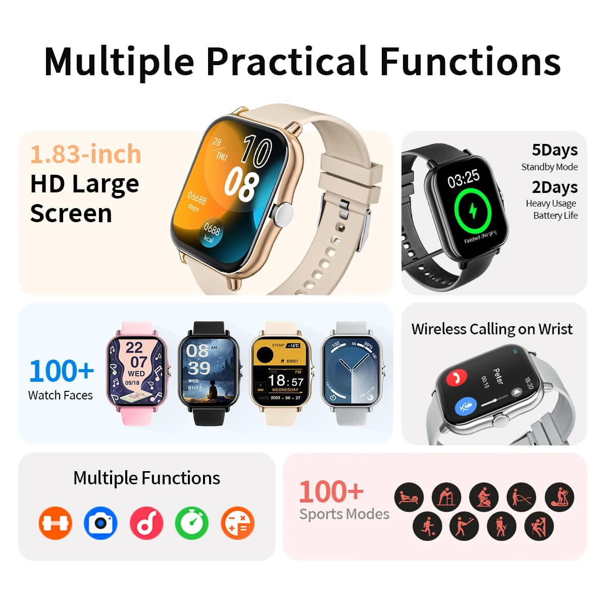 Smartwatch Enfants Adultes - Appels BT, Surveillance Santé/Sommeil, Écran 1.83" HD, Étanche, Bracelet Sport