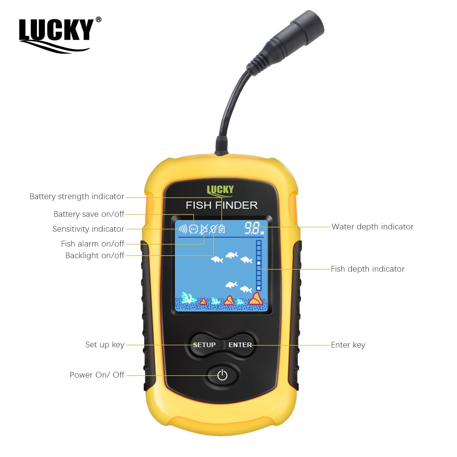 Lucky FF1108-1 Sondeur Portable Pêche Glace 0.7-100m - Échosondeur avec Alarme et Transducteur