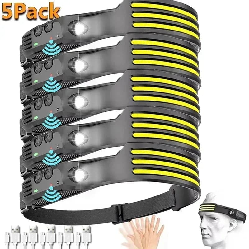 Frontale COB LED puissante rechargeable USB avec batterie intégrée pour pêche nocturne et randonnée