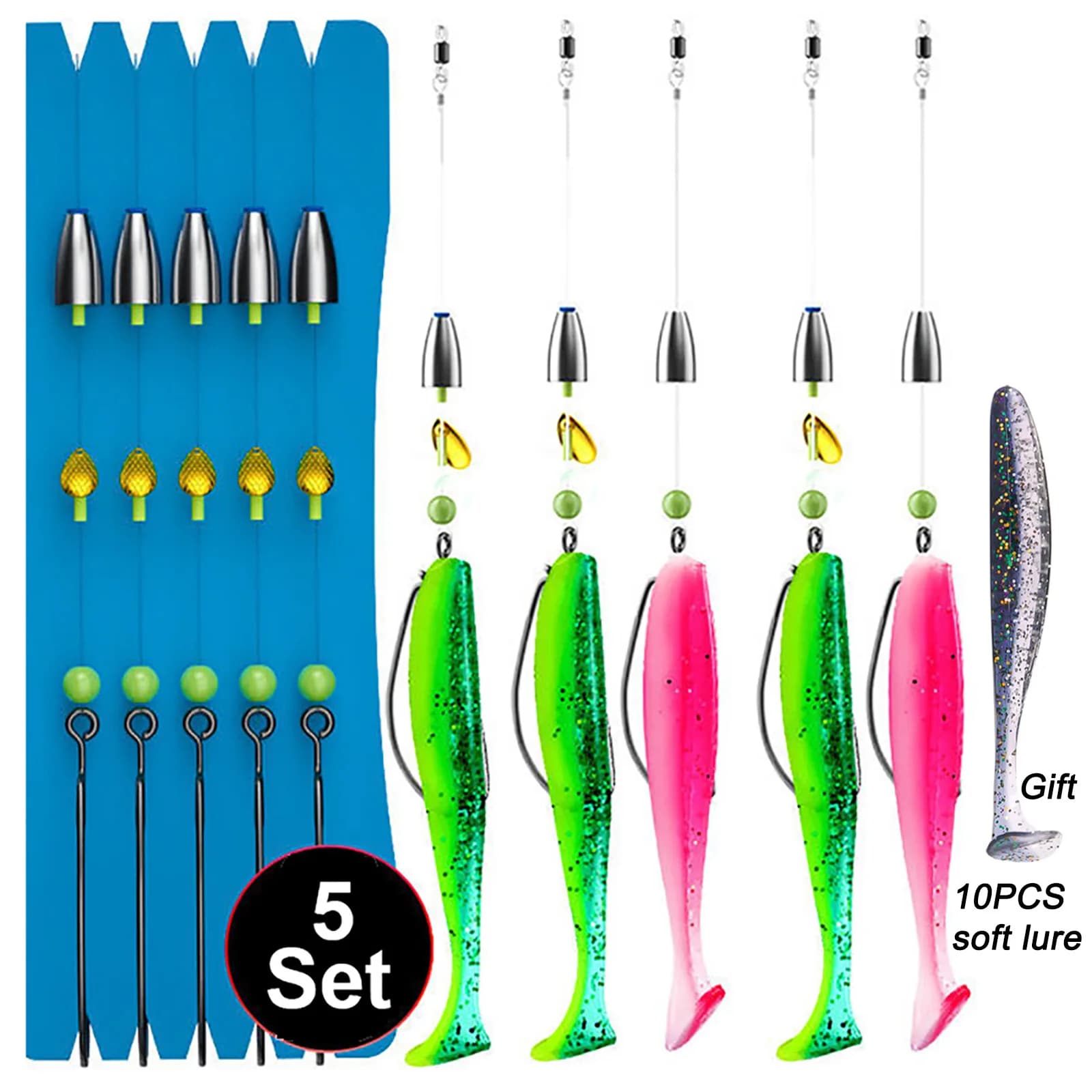 Set 5 montages dropshot texas rig - leurres souples cuillères VIB lumineuses hameçons pêche précise