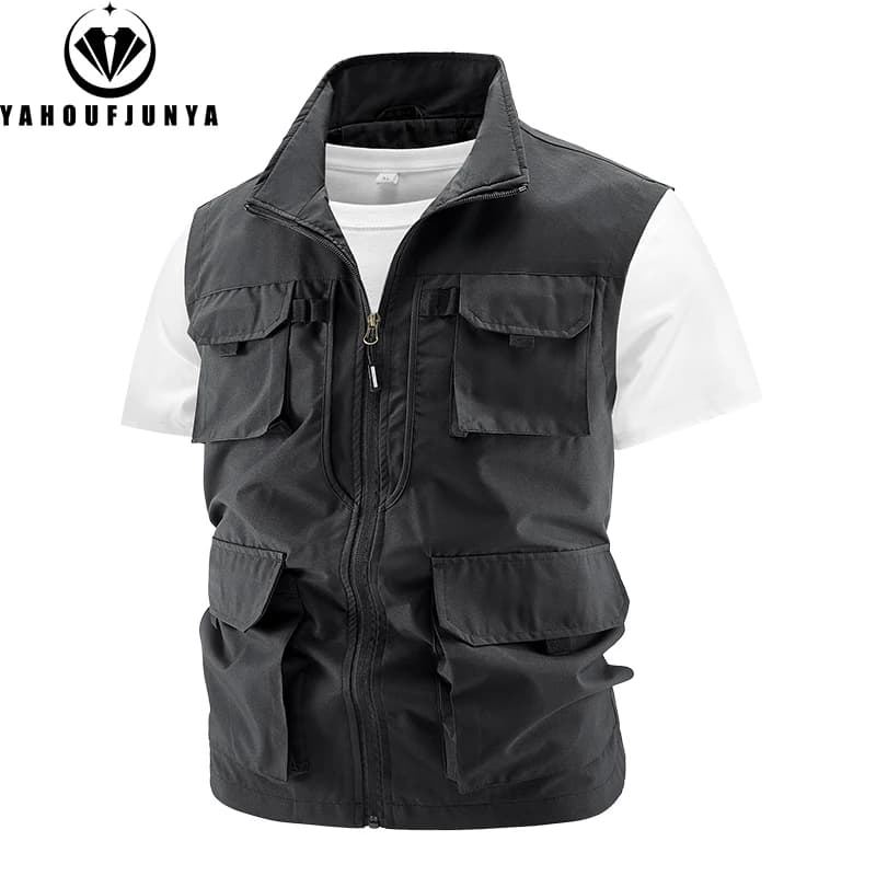 Veste de pêche sans manches homme été multi-poches respirante col montant zippée extérieur