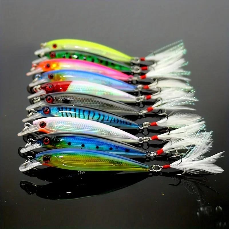 Set 10 leurres minnow avec plumes pour black bass - Leurres crankbait 9cm/7g prise rapide