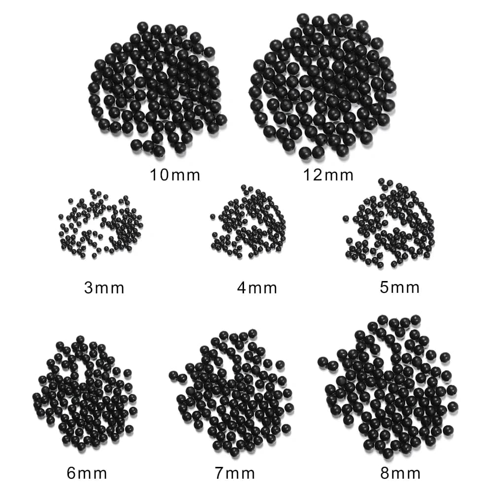 100 perles de pêche stoppeuses noires 3mm à 12mm, dures et souples, pour montage appât et leurre