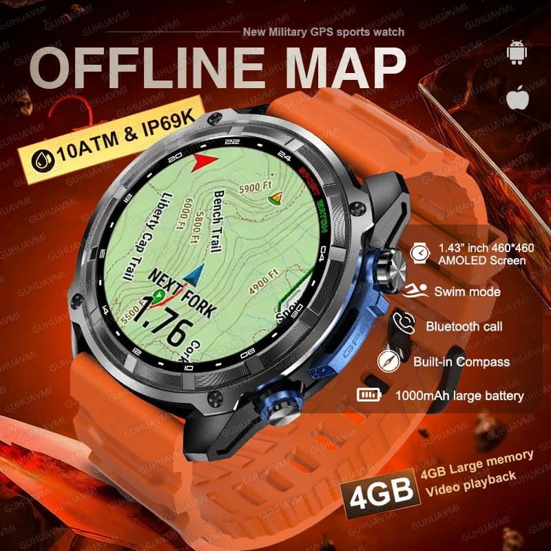 Montre militaire 2025 GPS navigation hors ligne 1000mAh mémoire 4GB MP3/MP4 étanche sport