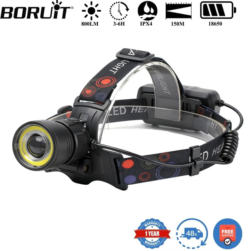 BORUiT V27 lampe frontale LED 800LM zoomable rechargeable USB puissante étanche pêche