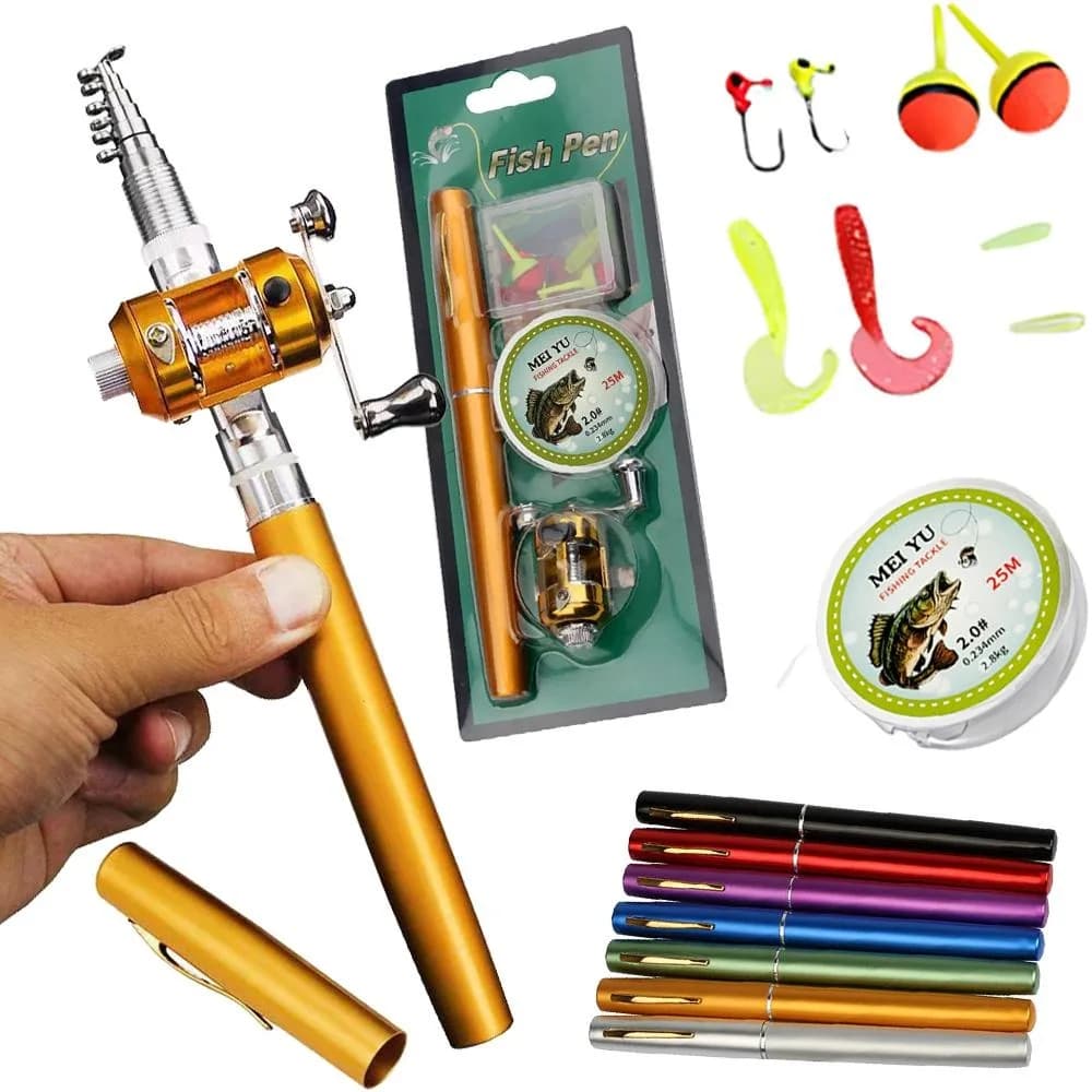 Kit complet pêche portable poche télescopique canne moulinet ligne accessoires forme stylo 96cm débutant