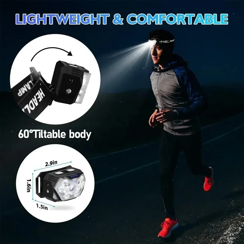 Lampe frontale LED puissante rechargeable USB avec détecteur de mouvement pour pêche nocturne