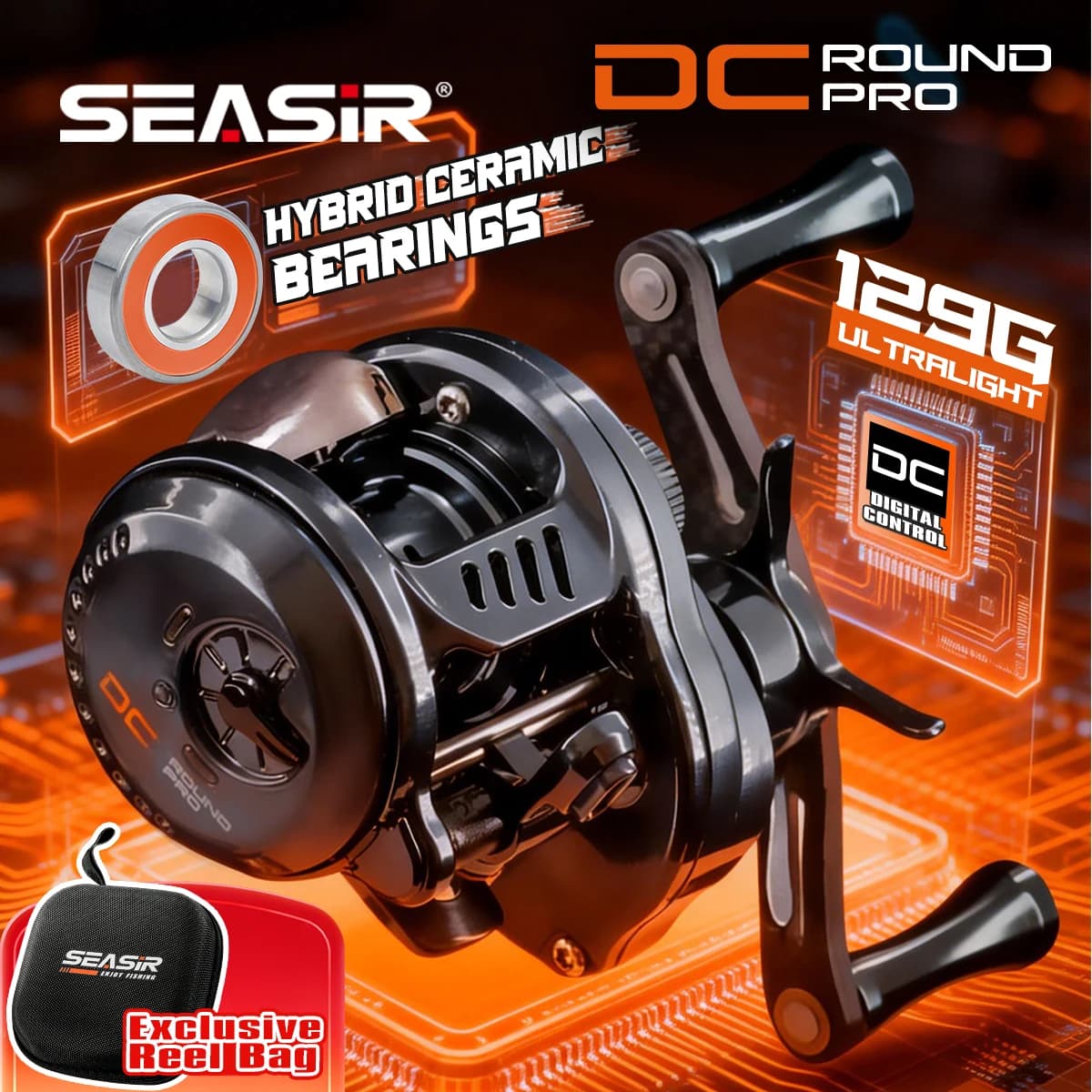 Moulinet baitcasting SeaSir DC Round Pro Digital Control hybride céramique ultraléger 128g carbone