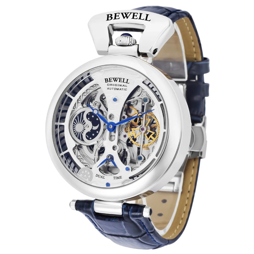 Montre automatique mécanique étanche luxe boîtier acier bracelet cuir véritable fond transparent