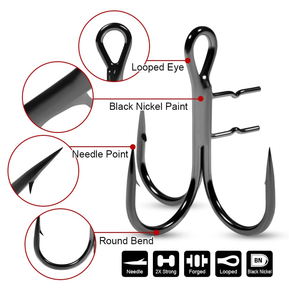 Hameçons triple T renforcés Spinpoler 2X, tiges soudées pour leurres shad, nickel noir, tailles 4 à