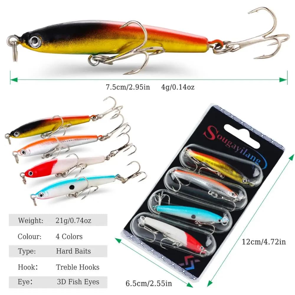Set de 4 leurres wobblers Sougayilang anti-corrosion pour pêche en mer du bar et pêche à la carpe