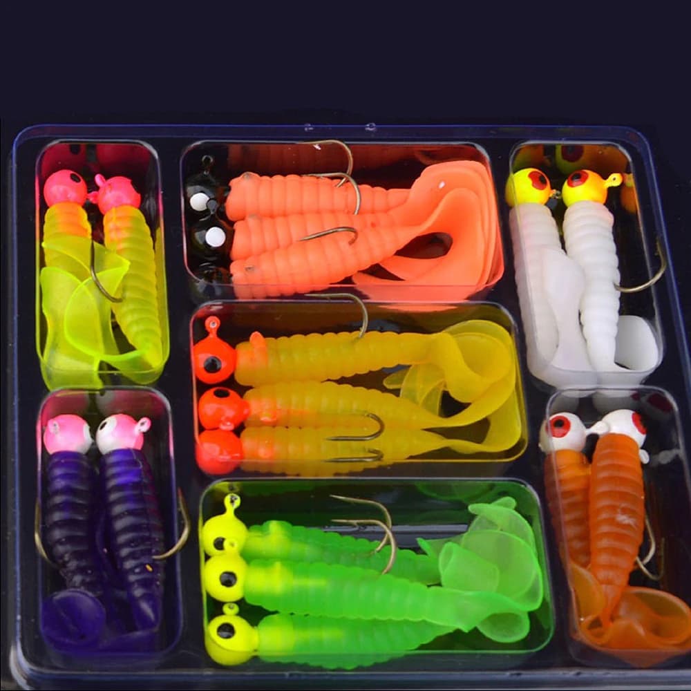 Kit pêche leurres souples: 17 têtes plombées + 17 leurres silicone vers pour truite, perche, sandre