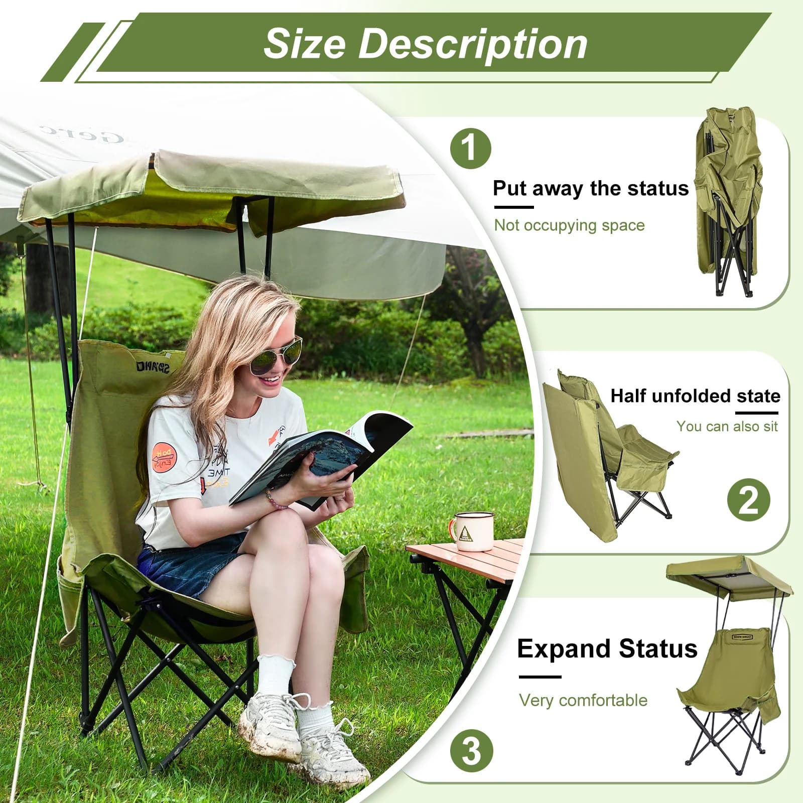 Chaise pliante pêche avec ombrière YOUNG WOOD - Siège large avec protection solaire plage