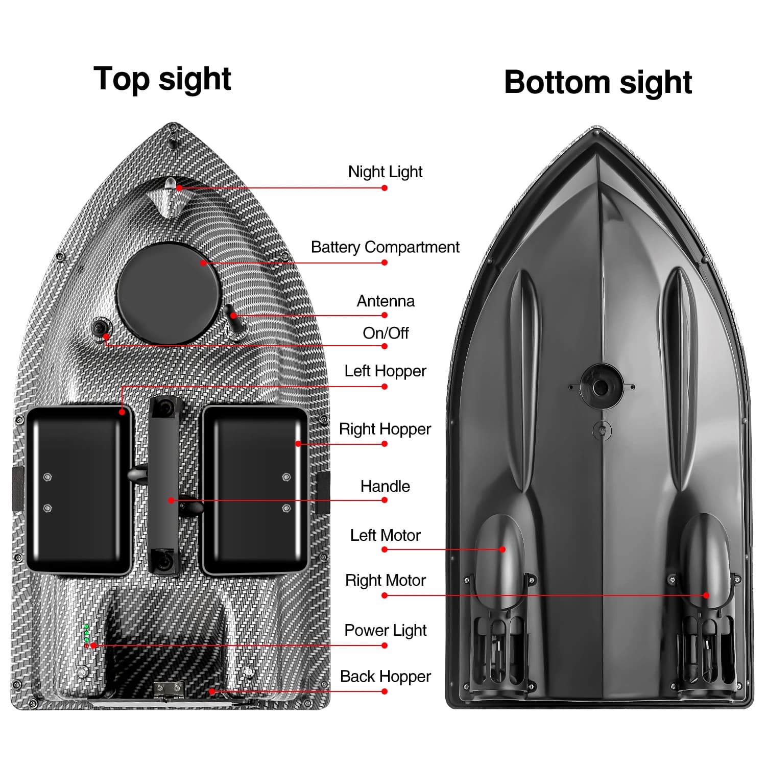 Bateau appât GPS 500M avec sondeur sans fil et 3 trémies pour pêche à la carpe et leurres